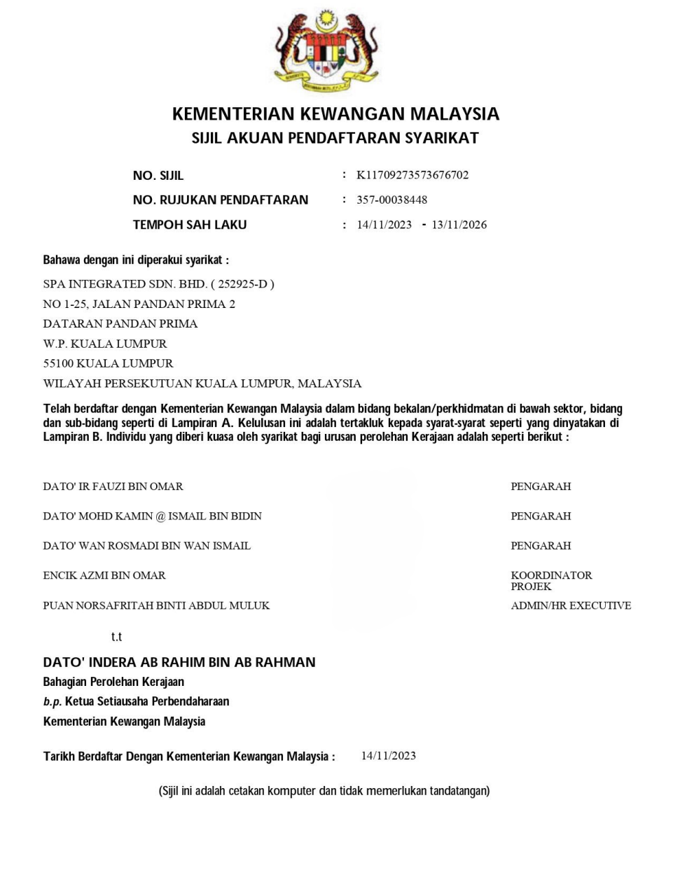 Sijil Akuan Pendaftaran Syarikat (MOF)