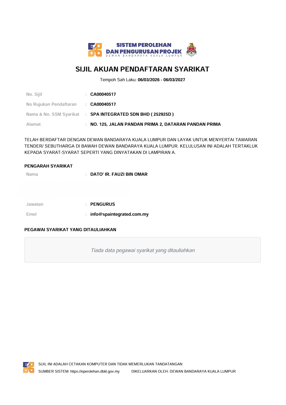 Sijil Akuan Pendaftaran Syarikat (DBKL)