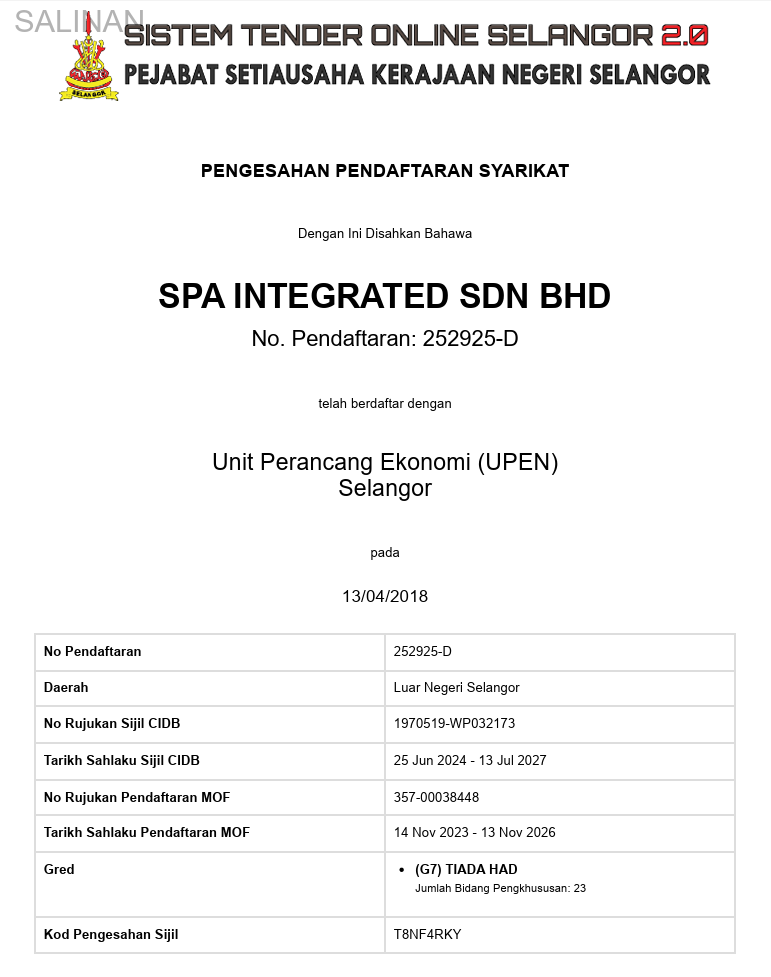 Sijil Unit Perancang Ekonomi (UPEN) Selangor