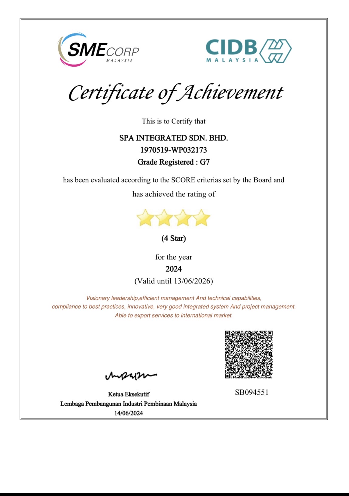 Certificate of Achievement (CIDB)