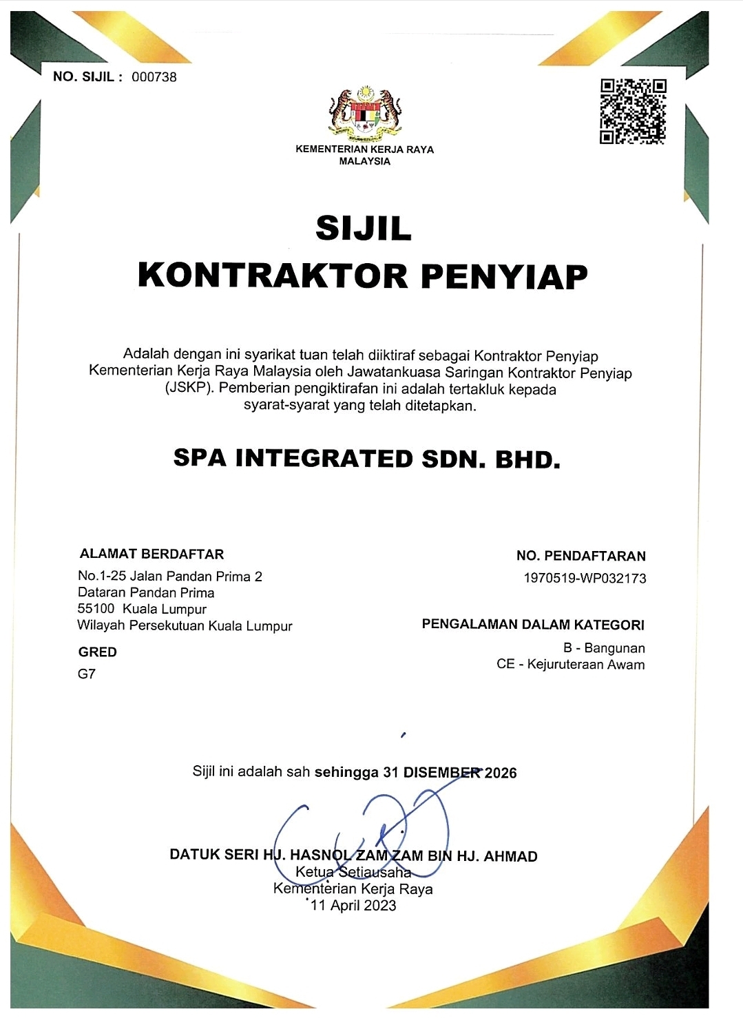 Sijil Kontraktor Penyiap JKR Malaysia